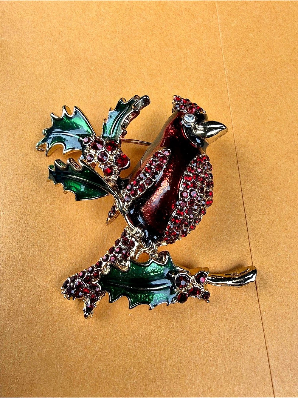 Dana Buchman Cardinal Bird Brooch Red Enamel Rhinestone Holly Christmas Pin